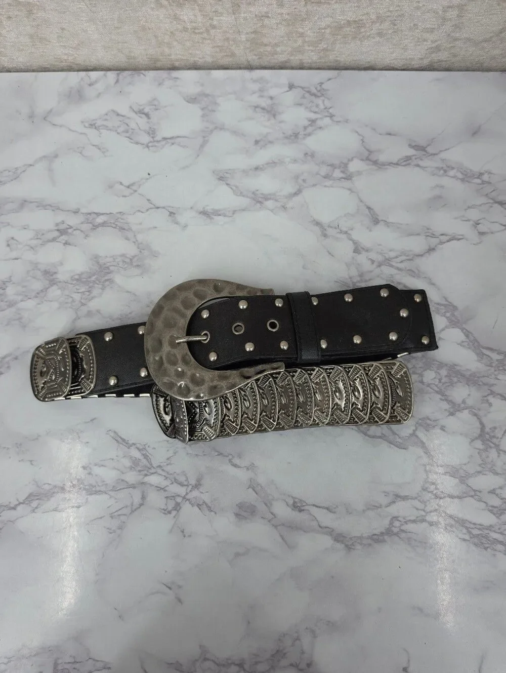 Black Stretch Belt Fishscale Oversized Hammered Metal Style Buckle Studded
